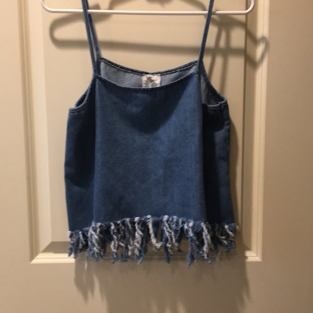 Sadie & Sage womens cropped Denim spaghetti strap top long fringed hem size M